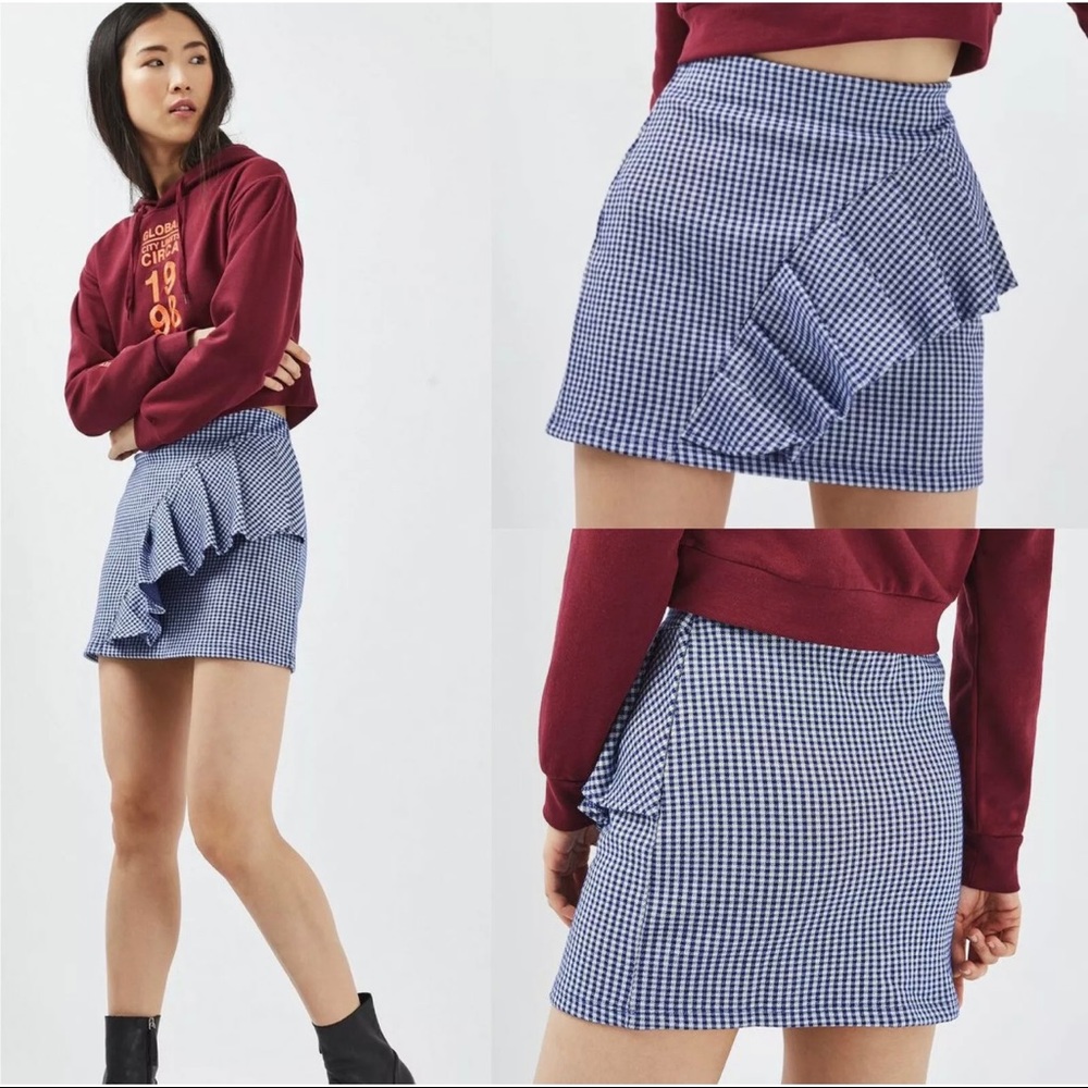 Top Shop blue gingham mini skirt with ruffle size 8 medium